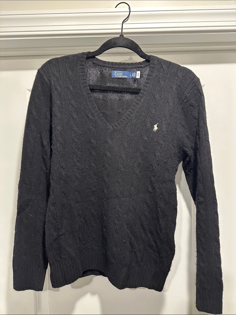 Polo by Ralph Lauren Black Cable-Knit V-Neck Sweater with Pony Logo